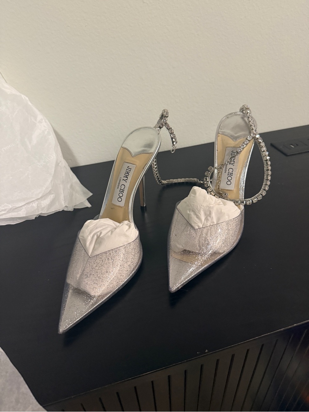 Jimmy Choo Silver Glitter Pointed Toe Pumps with Crystal Ankle Straps